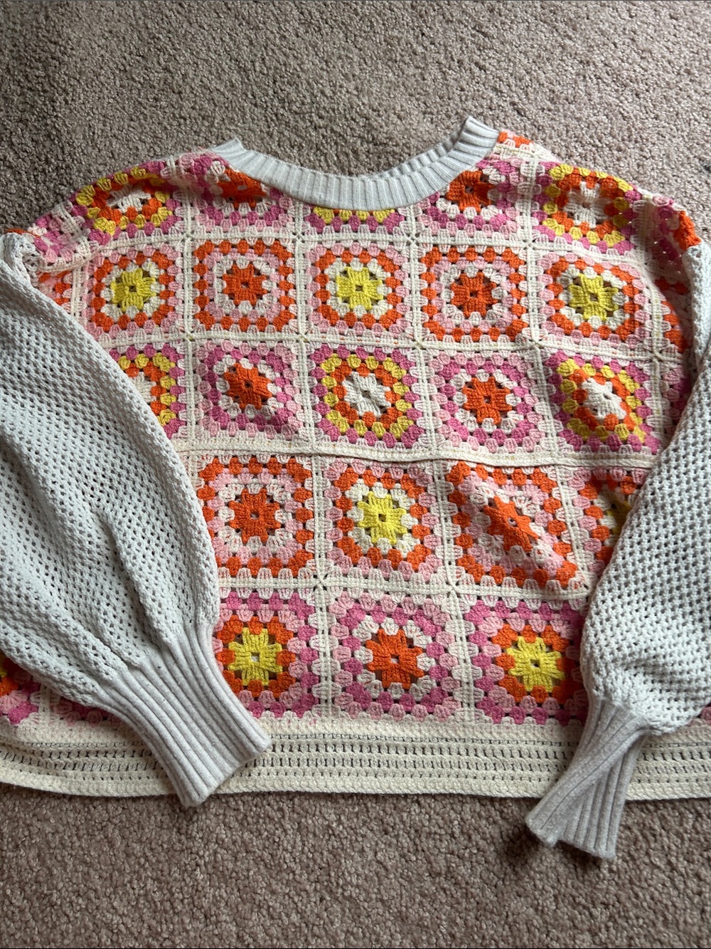 Crochet Patchwork Zara Crewneck Sweater - Pink, Orange & Yellow